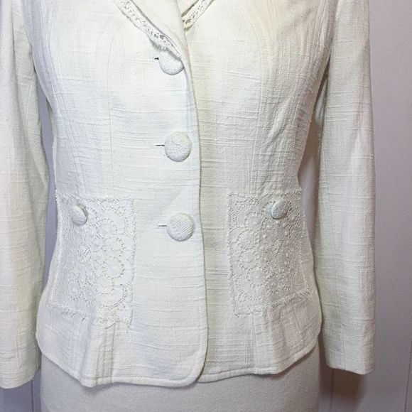 David Meister Cream Tweed Crochet Trim Blazer Size 4 - Picture 2 of 11